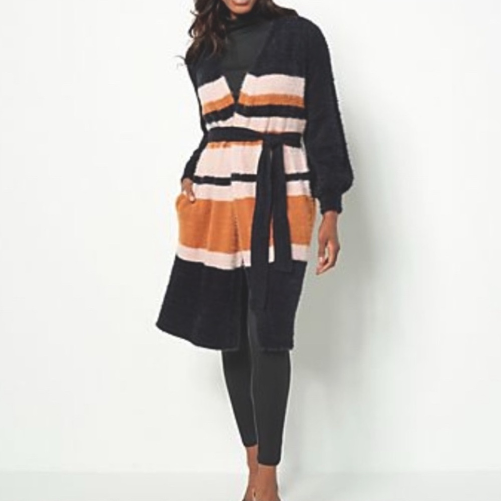🆕 Girl With Curves Open Front Color-block Duster Cardigan, Black & Pink Stripe